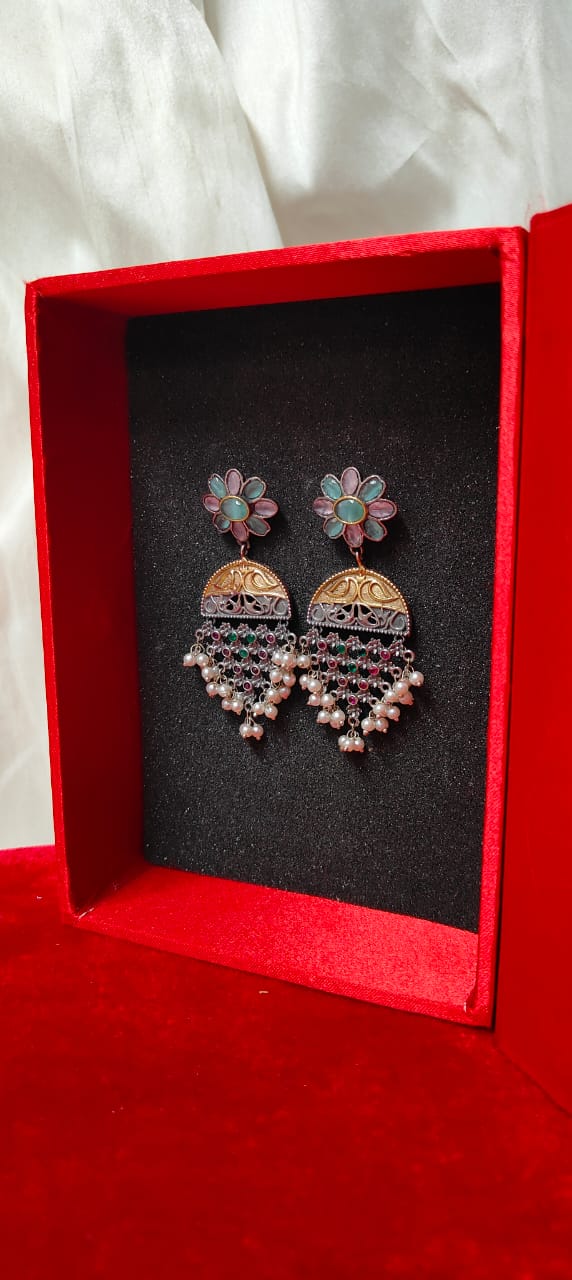 Dual tone multicolored jhumka earrings for women - Trendia Jewellery