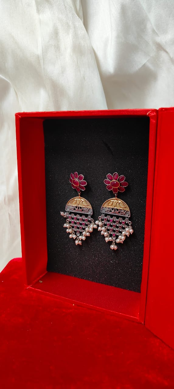 Dual tone magenta jhumka earrings for women - Trendia Jewellery