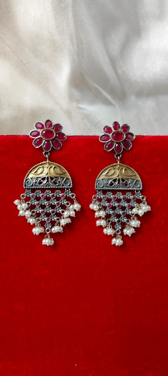 Dual tone magenta jhumka earrings for women - Trendia Jewellery