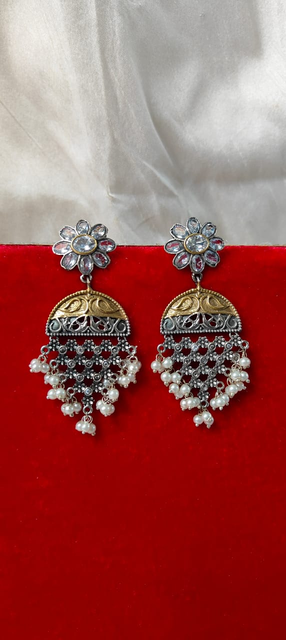 Dual tone earrings with pearl for women - Trendia Jewellery