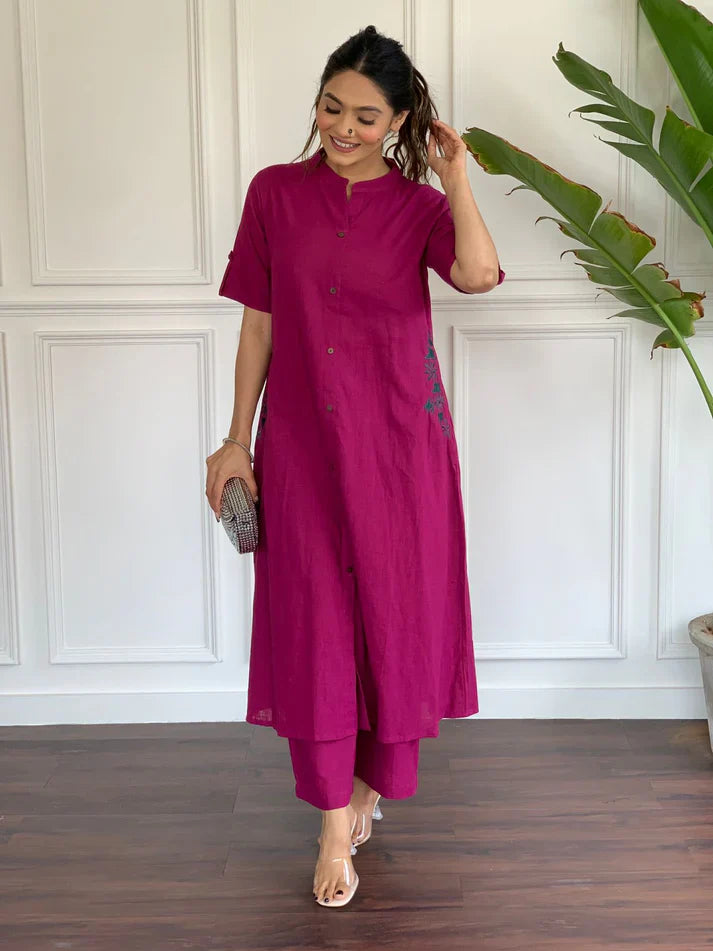Women's Multi Color Embroidered Cotton Kurta And Palazzo Set