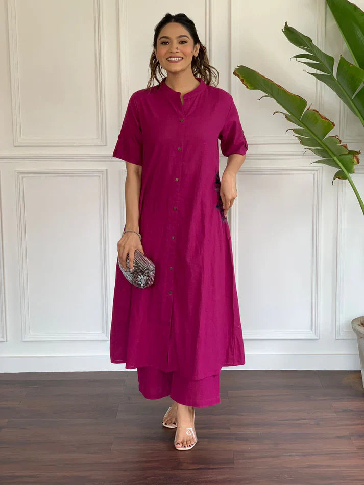 Women's Multi Color Embroidered Cotton Kurta And Palazzo Set