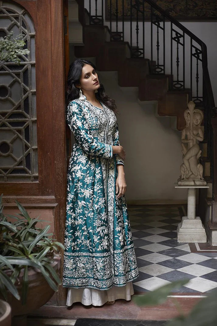 Women's Greenish Blue Heavy Embroidered Magic Cotton Shrug With Palazzo Set