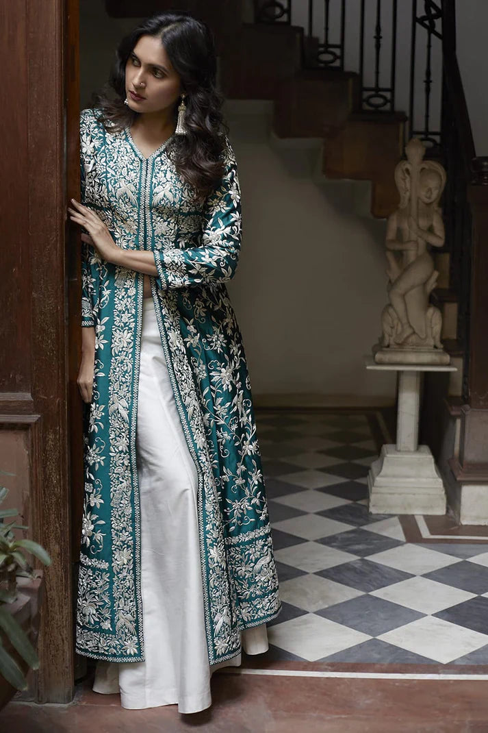 Women's Greenish Blue Heavy Embroidered Magic Cotton Shrug With Palazzo Set