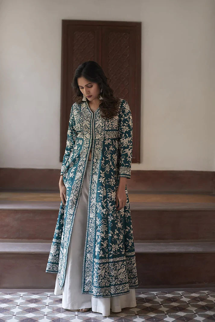 Women's Greenish Blue Heavy Embroidered Magic Cotton Shrug With Palazzo Set