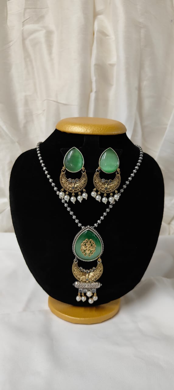 Lime green dual tone jewellery set with earrings - Saras