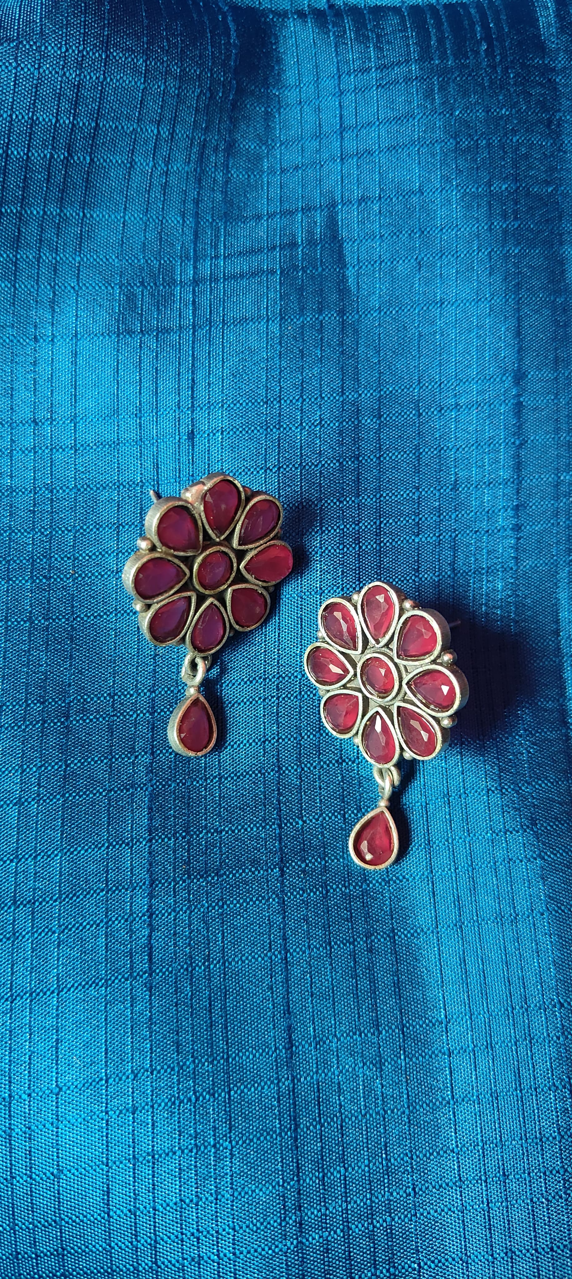 Red stonework floral tear drop earrings for women