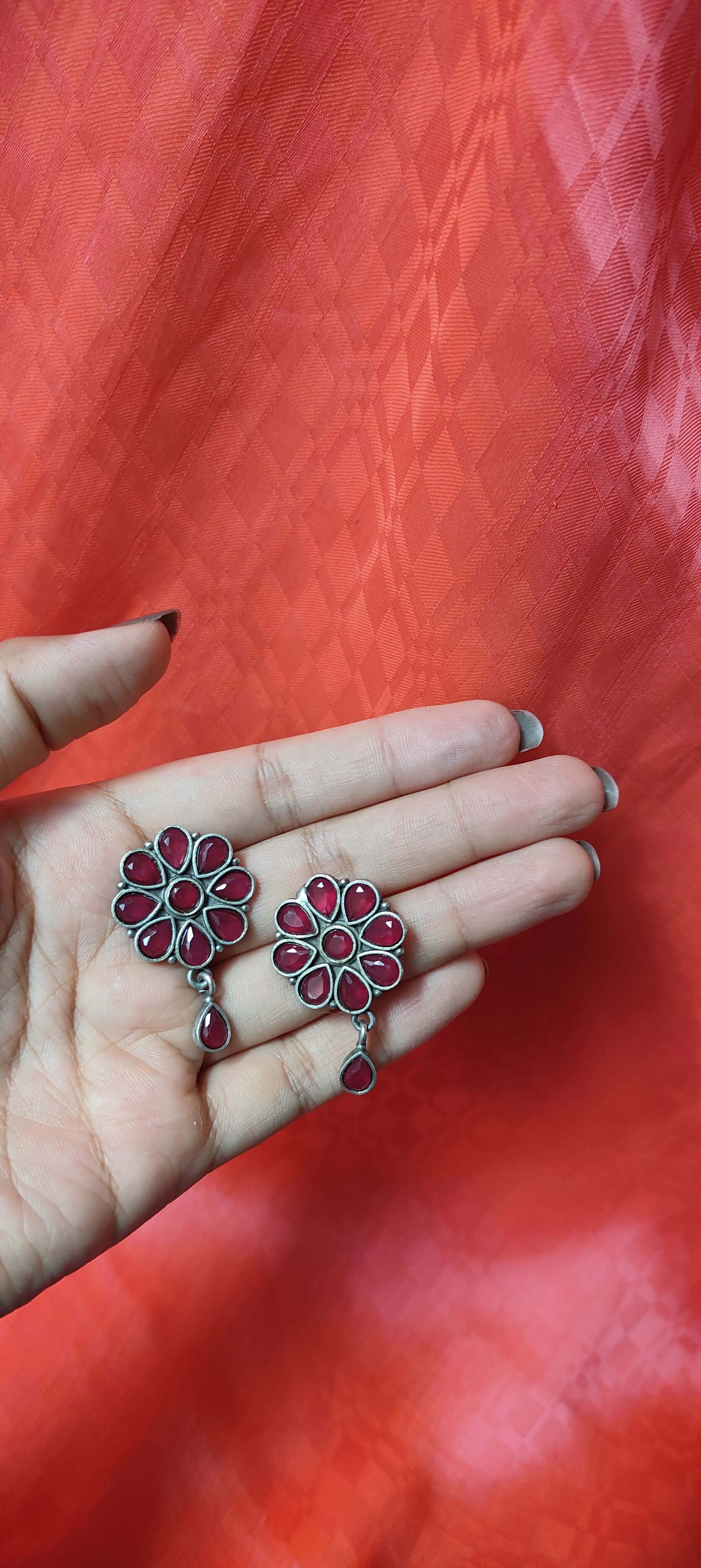 Red stonework floral tear drop earrings for women