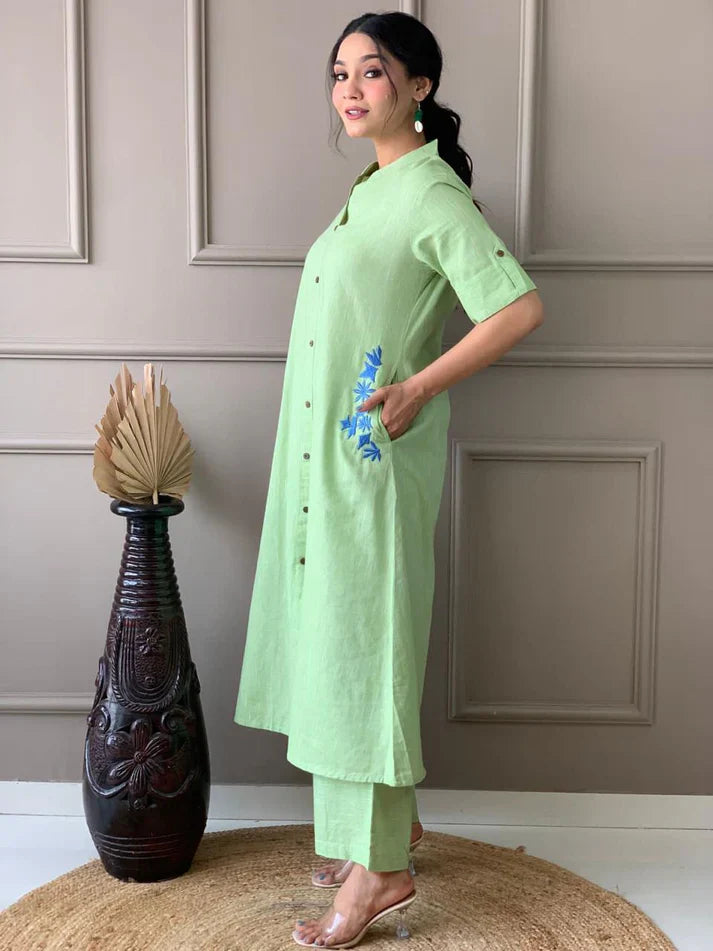 Women's Multi Color Embroidered Cotton Kurta And Palazzo Set