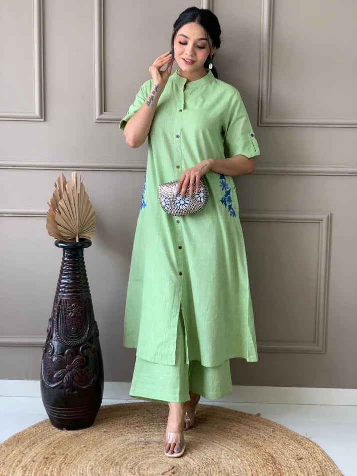 Women's Multi Color Embroidered Cotton Kurta And Palazzo Set