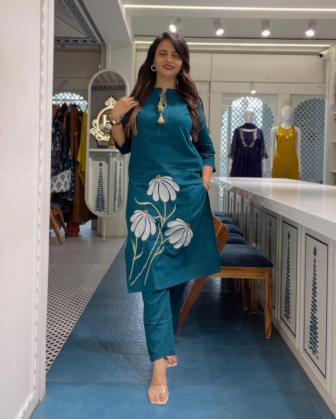 Women's Teal Blue Floral Embroidered Co-Ord Set For Women