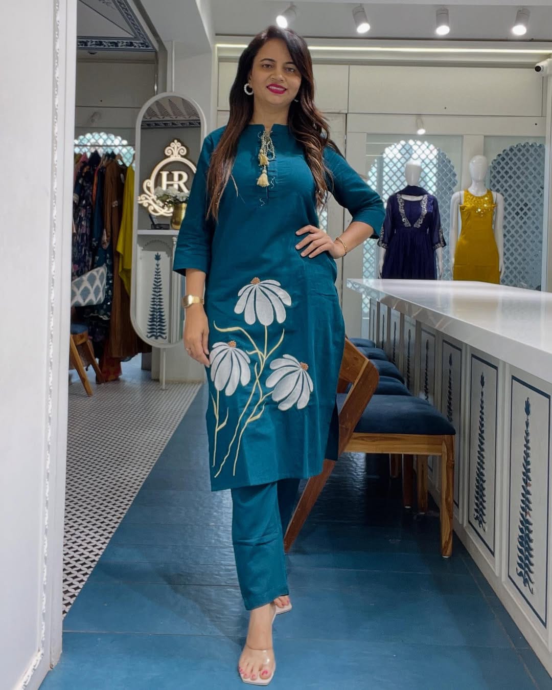 Women's Teal Blue Floral Embroidered Co-Ord Set For Women