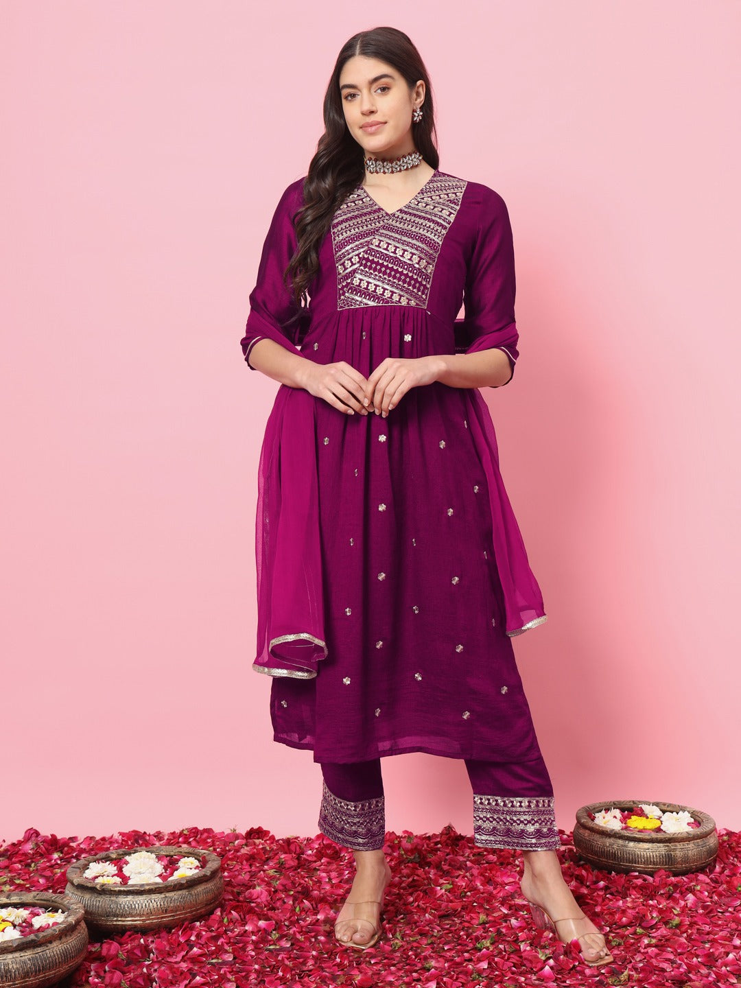 Women's Purple Silk Blend Embroidered Kurta Set