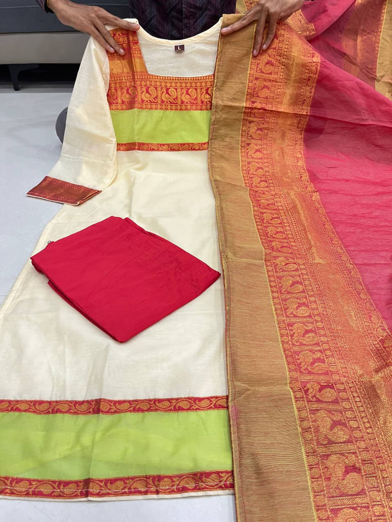 Women's White Kanchi Cotton Suit Set with Contrast Green & Pink Dupatta