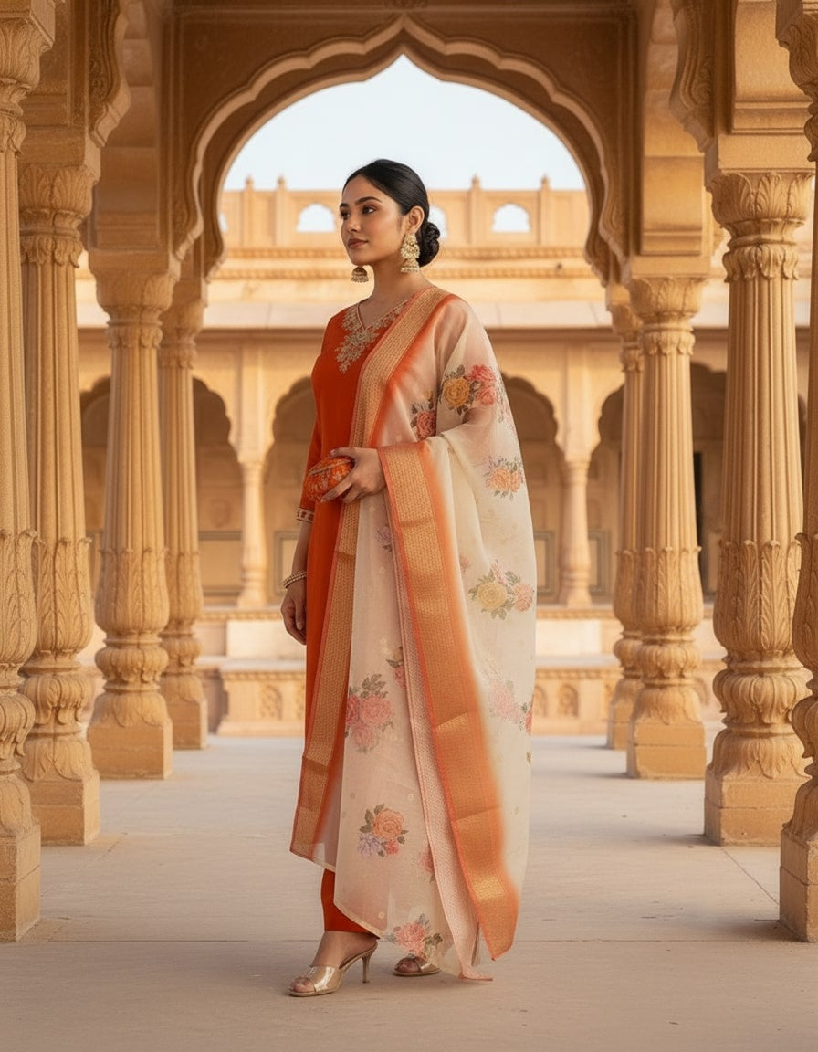 Women's Orange Silk Blend Embroidered Kurta Set