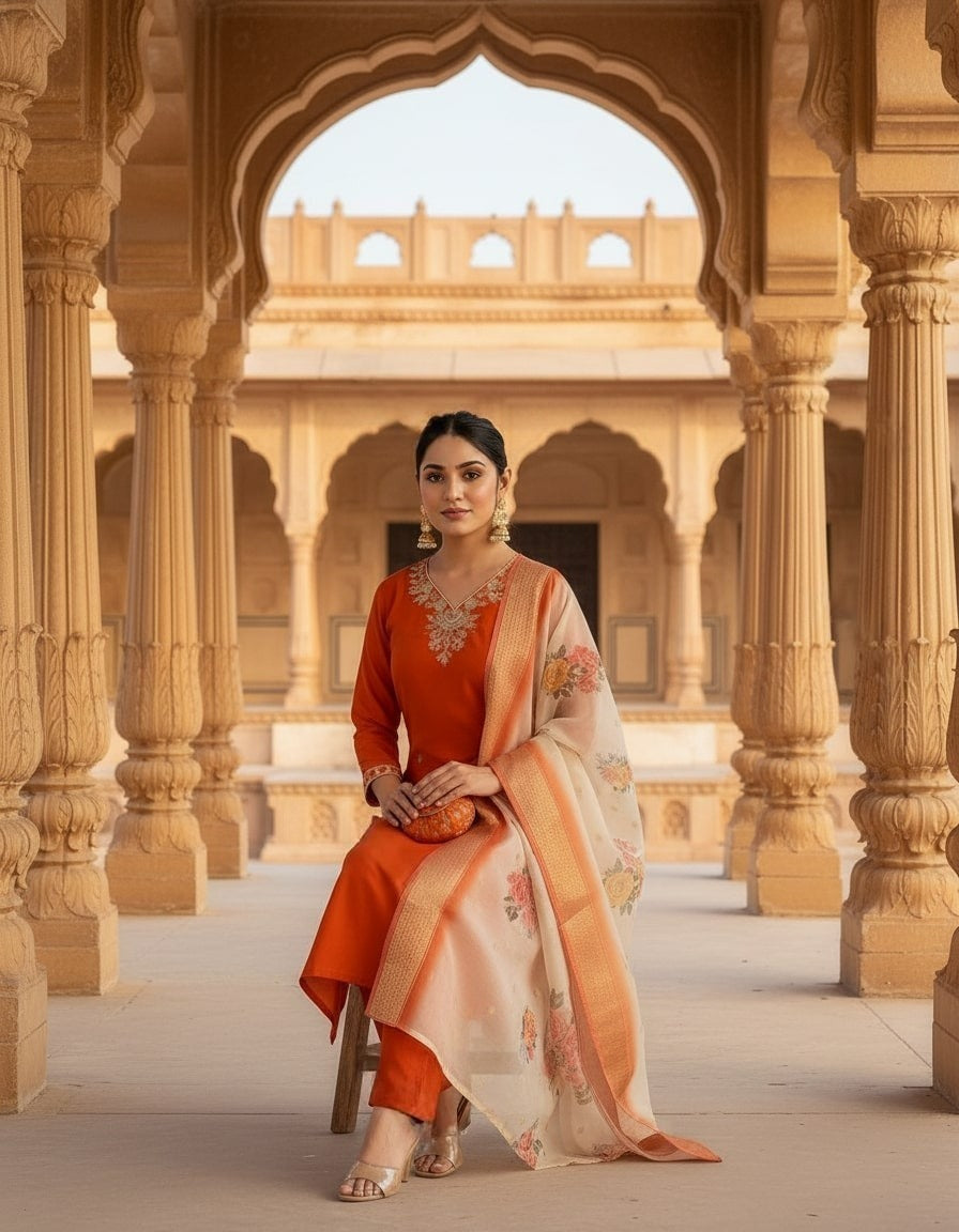 Women's Orange Silk Blend Embroidered Kurta Set