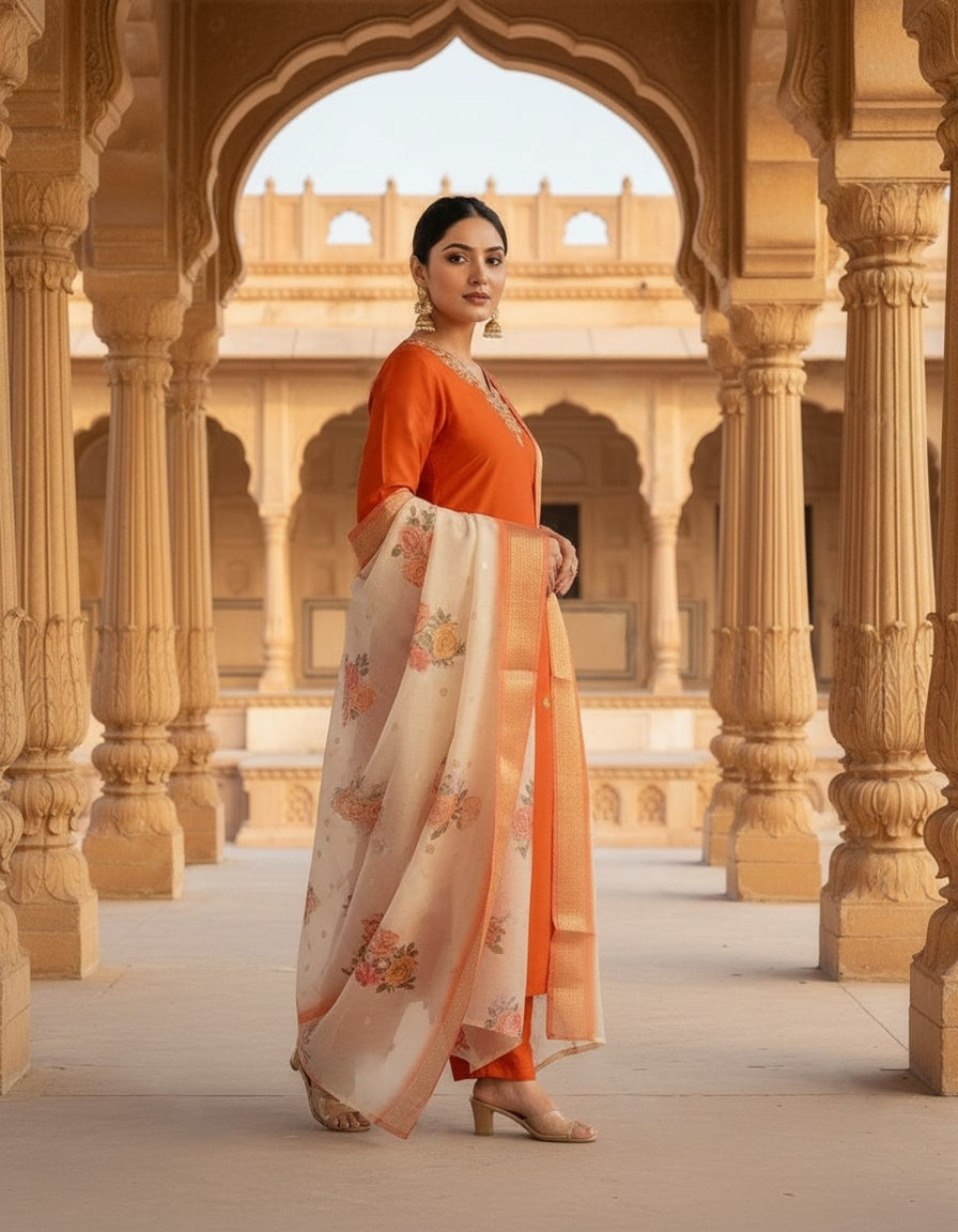 Women's Orange Silk Blend Embroidered Kurta Set