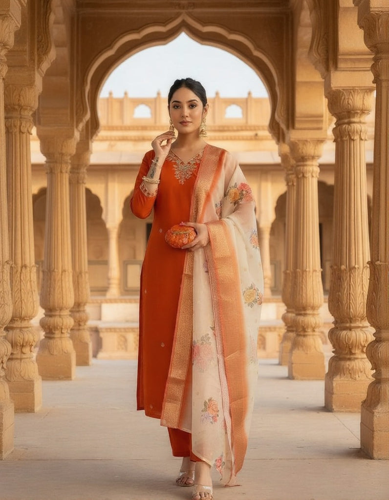 Women's Orange Silk Blend Embroidered Kurta Set