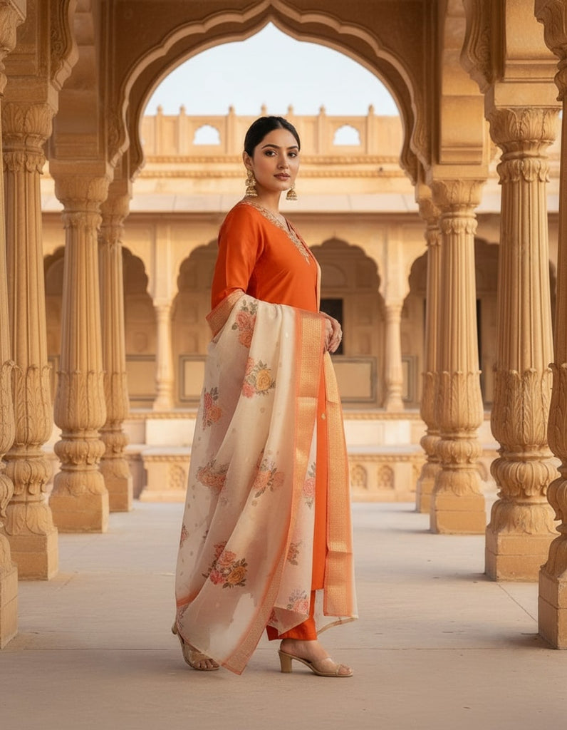 Women's Orange Silk Blend Embroidered Kurta Set