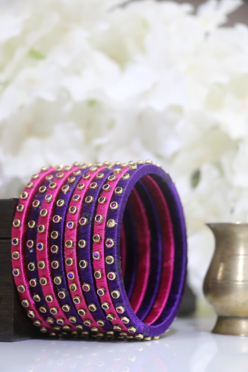 Women's Pink & Blue Silk Thread Handmade Stone Bangles