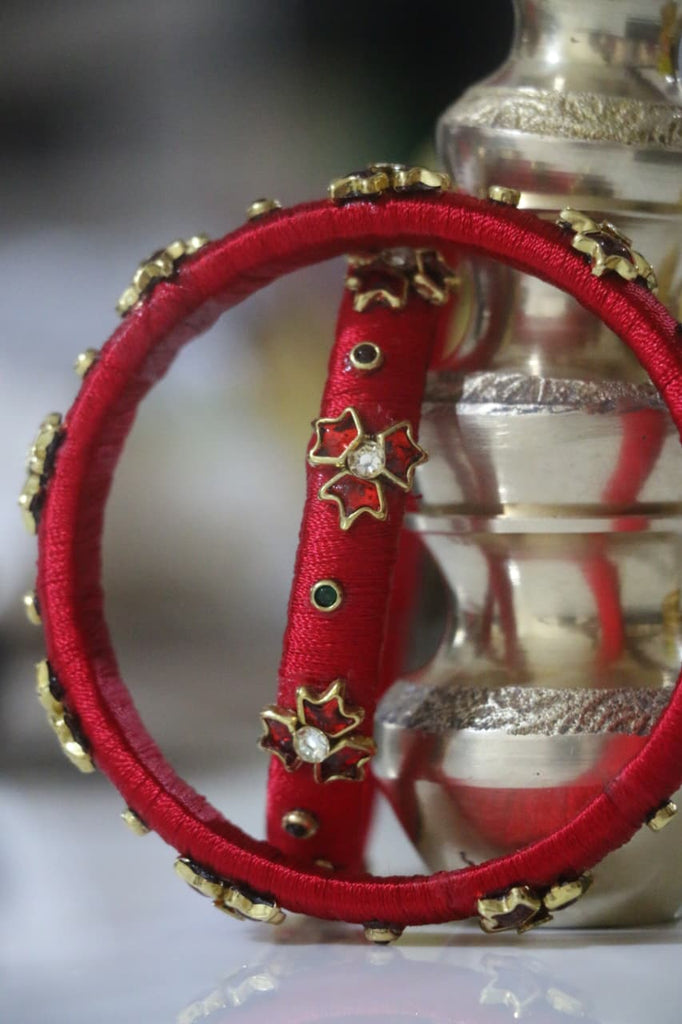 Women's Red & Yellow Silk Thread Handmade Stone Bangles