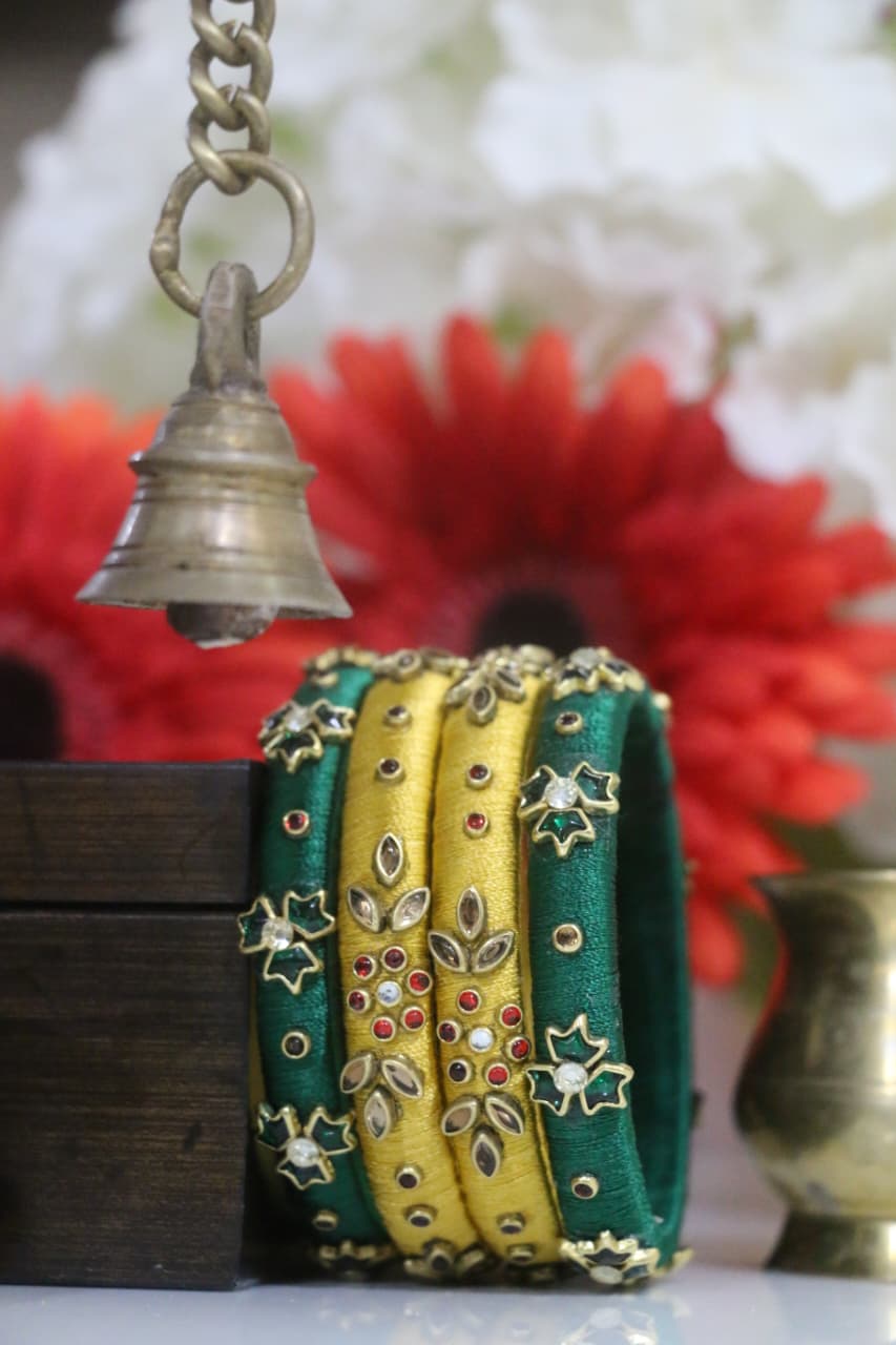 Women's Yellow & Green Silk Thread Handmade Stone Bangles