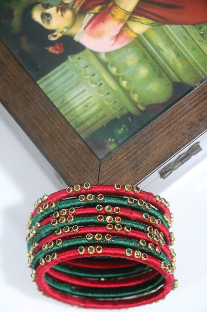 Women's Red & Green Silk Thread Handmade Stone Bangles