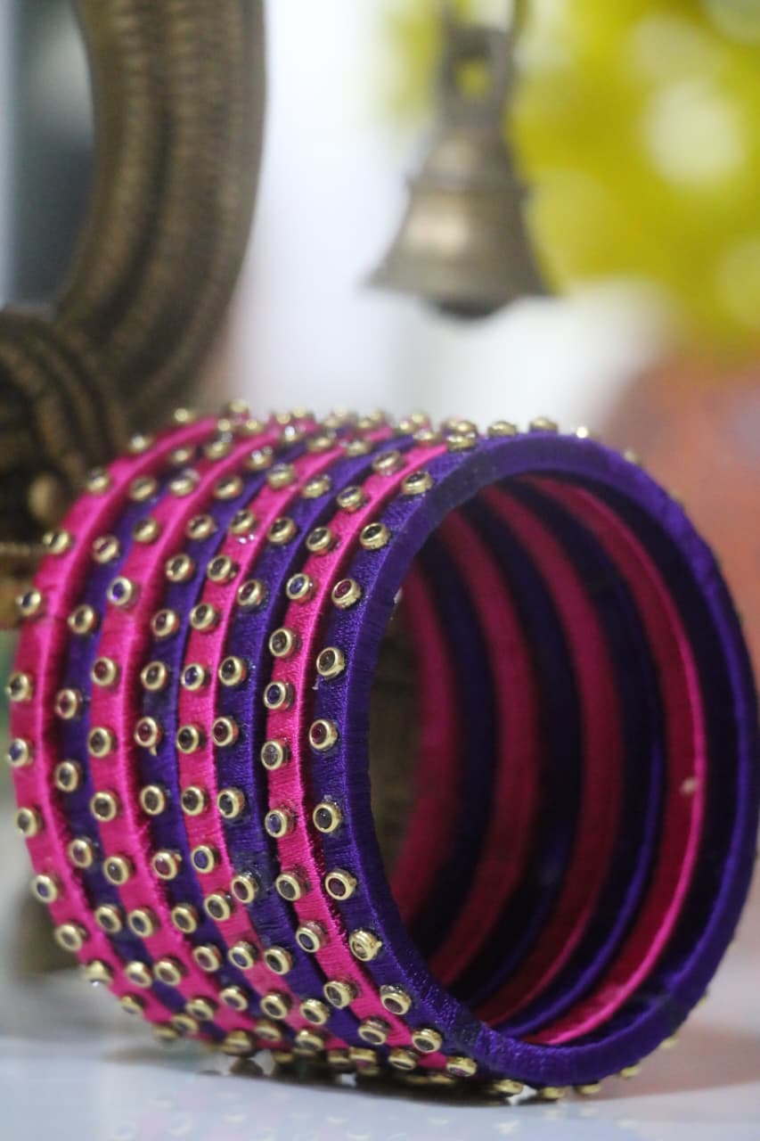 Women's Pink & Blue Silk Thread Handmade Stone Bangles