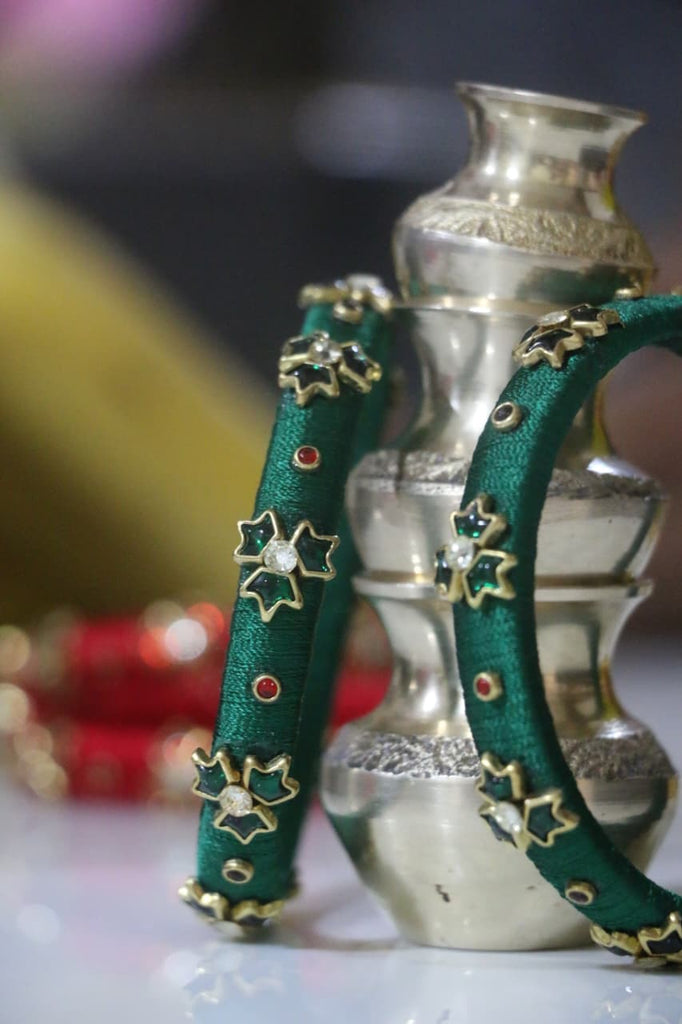 Women's Yellow & Green Silk Thread Handmade Stone Bangles