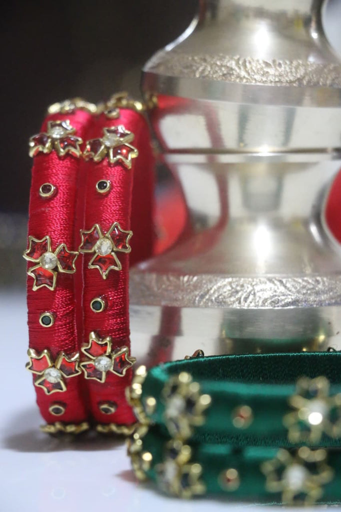 Women's Red & Green Silk Thread Handmade Stone Bangles