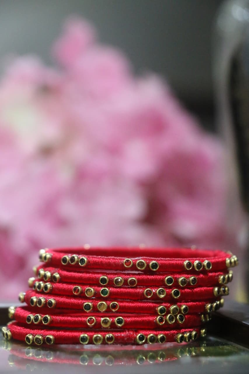 Women's Red Silk Thread Handmade Stone Bangles
