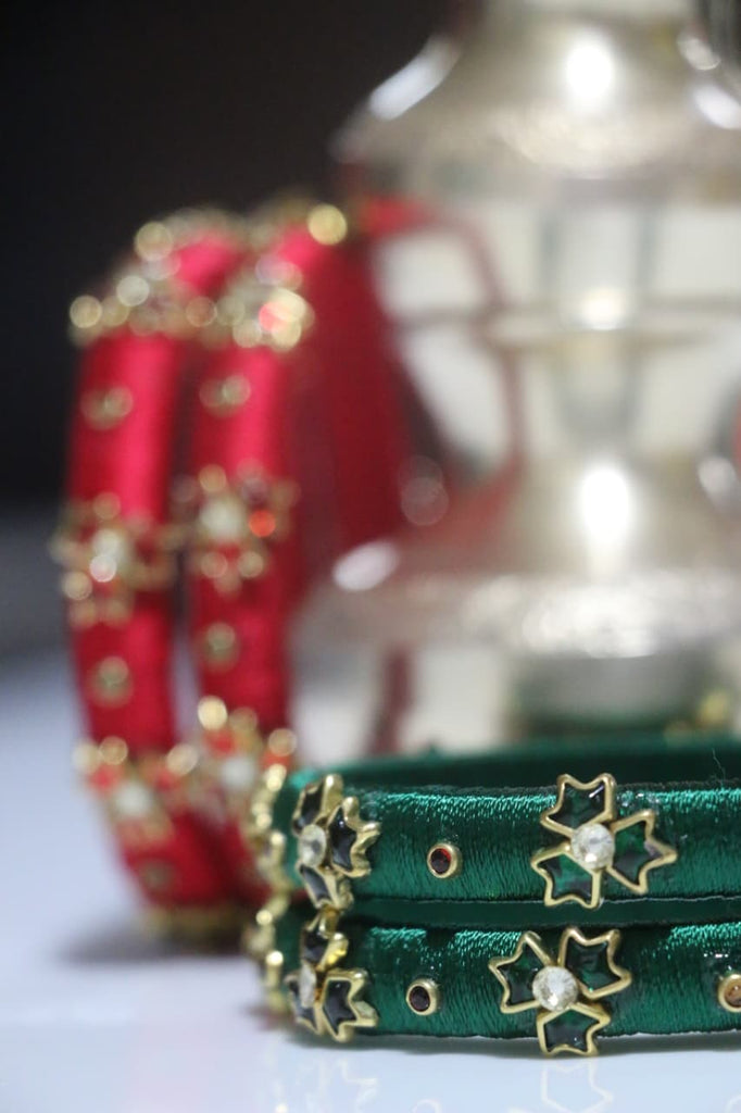Women's Red & Green Silk Thread Handmade Stone Bangles