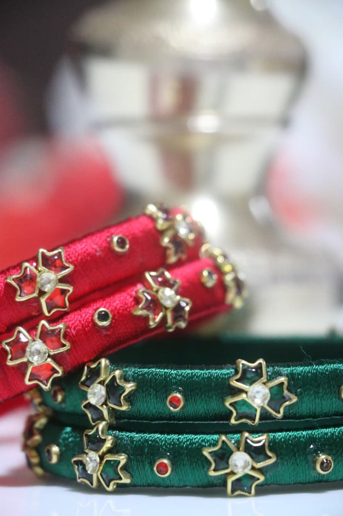 Women's Red & Green Silk Thread Handmade Stone Bangles
