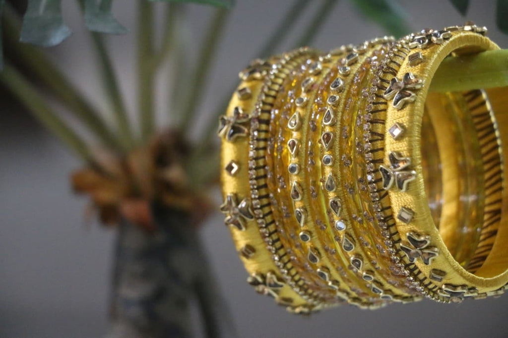 Women's Yellow Silk Thread Handmade Stone Bangles