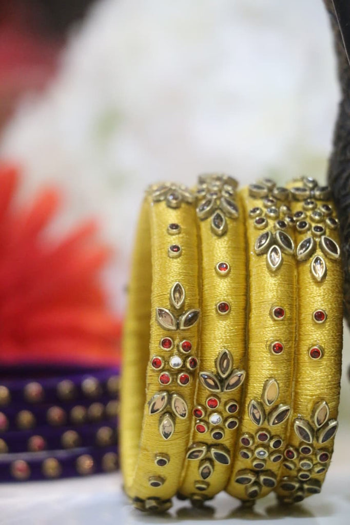 Women's Yellow Silk Thread Handmade Stone Bangles