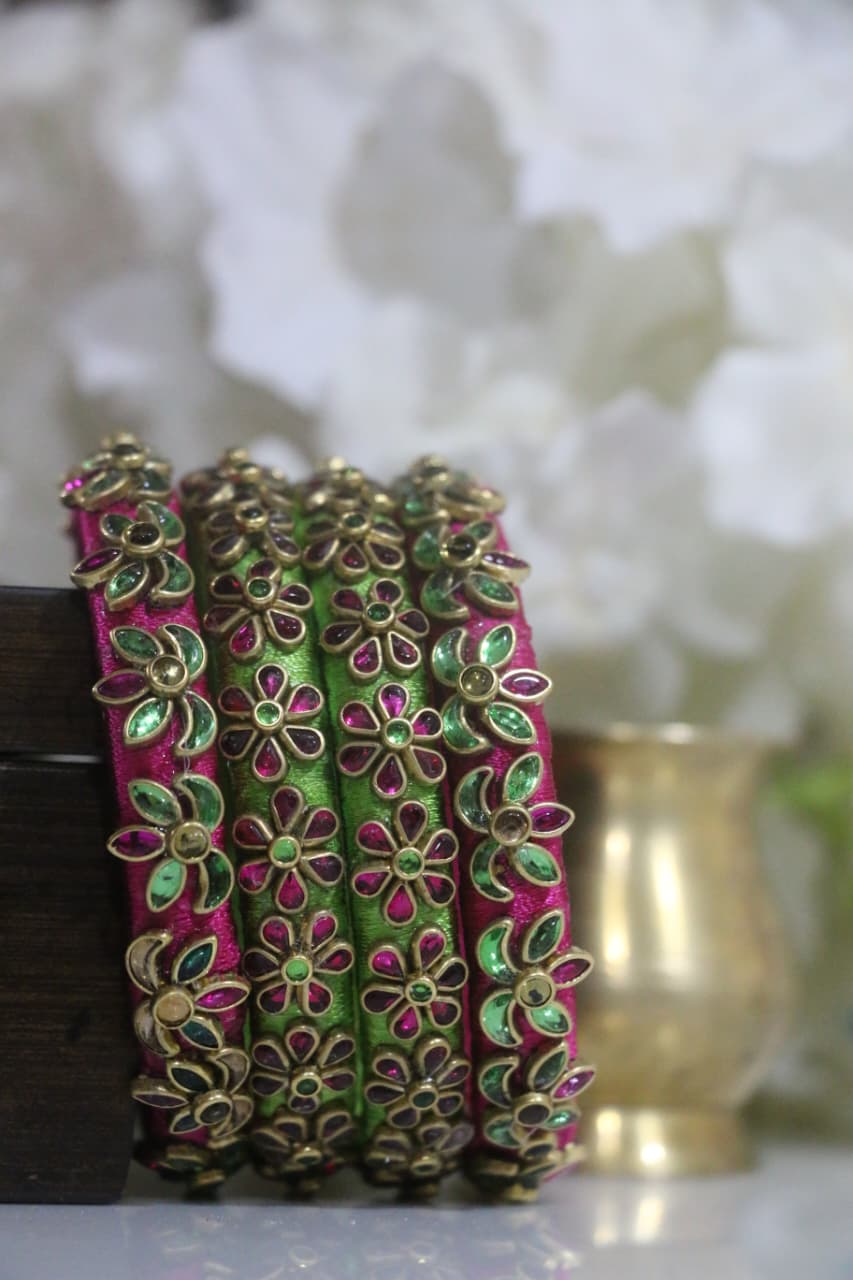 Women's Pink & Green Silk Thread Handmade Stone Bangles