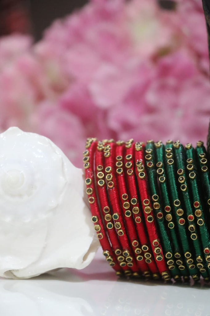 Women's Green & Red Silk Thread Handmade Stone Bangles