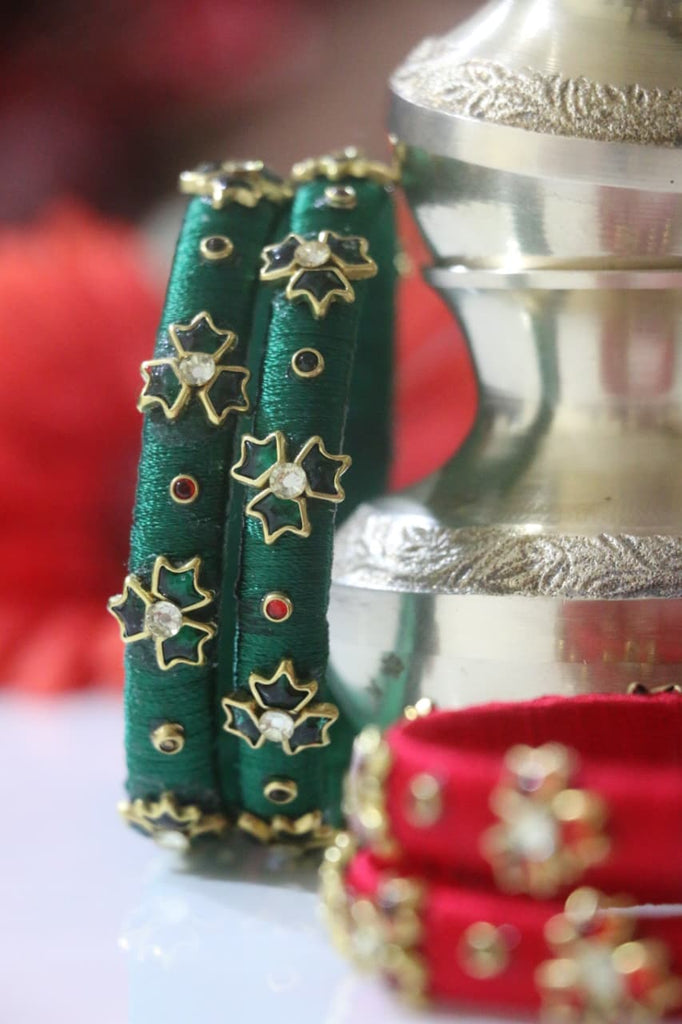 Women's Red & Green Silk Thread Handmade Stone Bangles