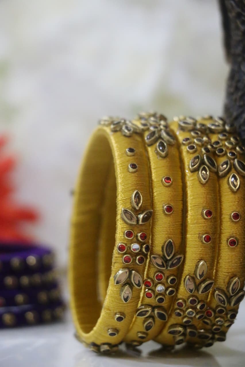 Women's Yellow Silk Thread Handmade Stone Bangles