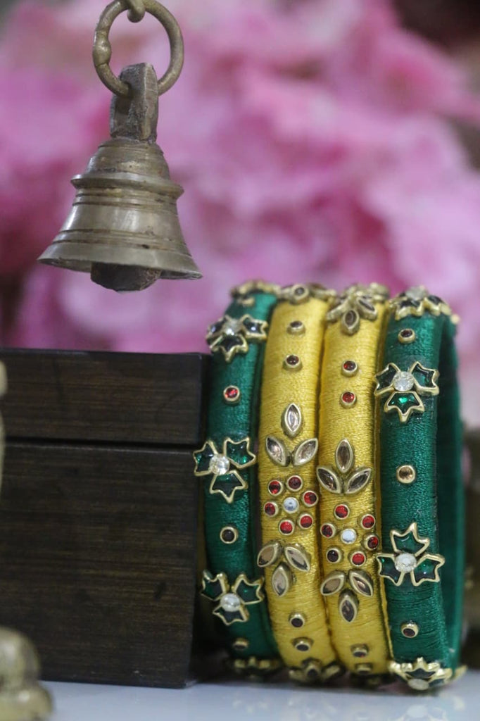 Women's Yellow & Green Silk Thread Handmade Stone Bangles