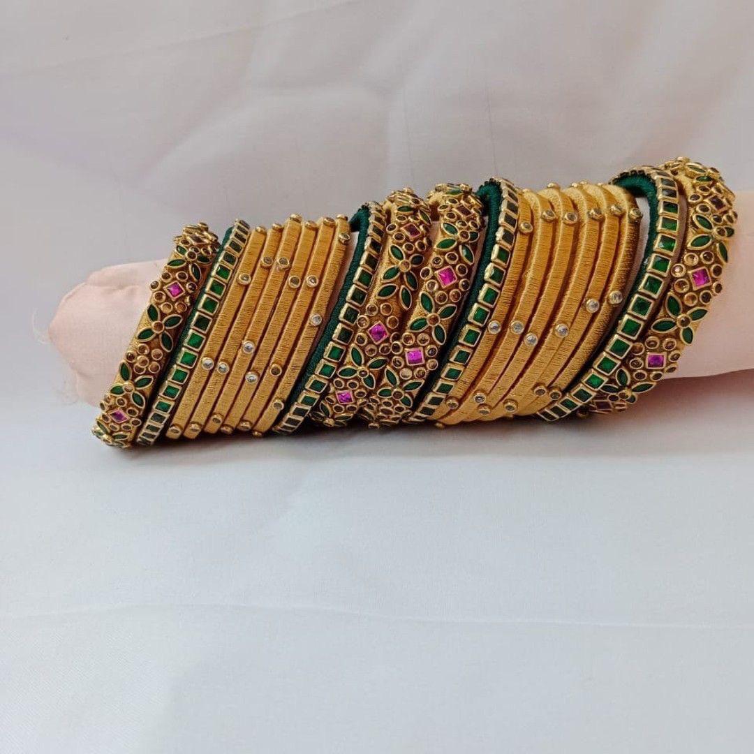 Women's Yellow Bridal Bangle Set Green and Pink Stones