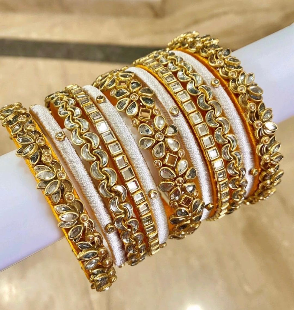 Women's Kundan Gold Bangle Set White & Gold Bridal Bangles