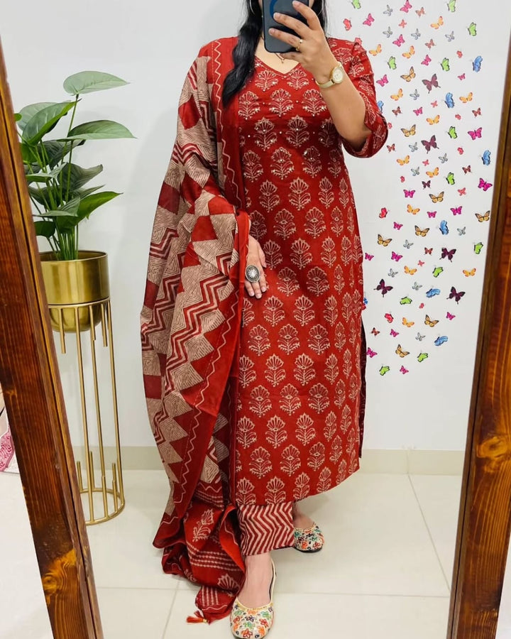 Women's Pure Cotton Printed Red Kurta With Pant And Dupatta