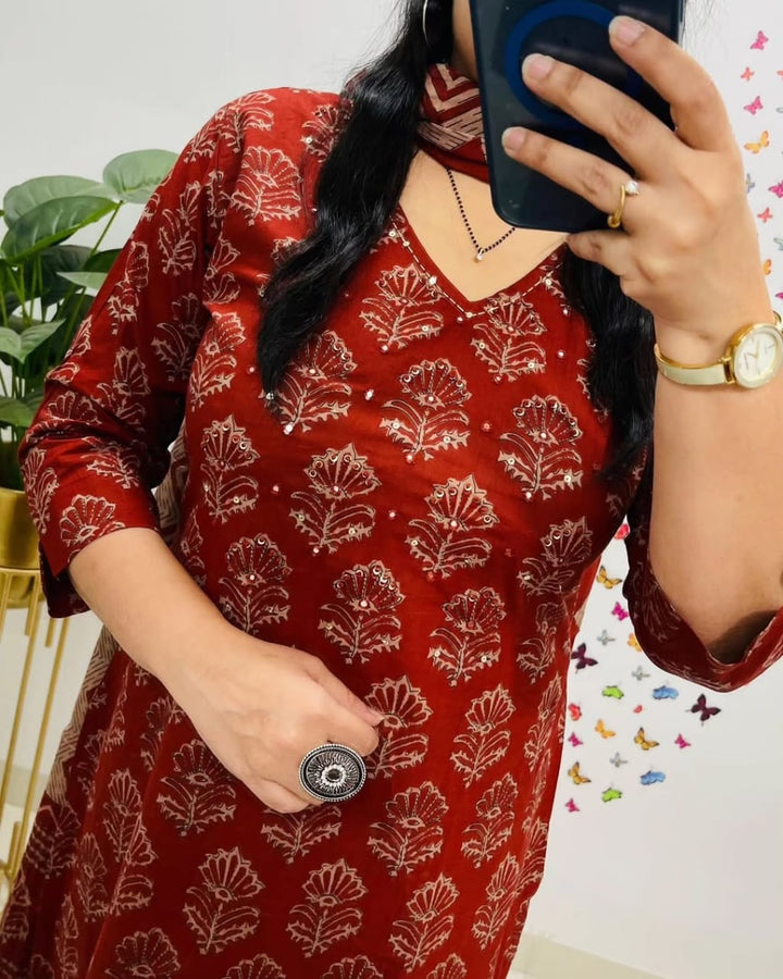 Women's Pure Cotton Printed Red Kurta With Pant And Dupatta