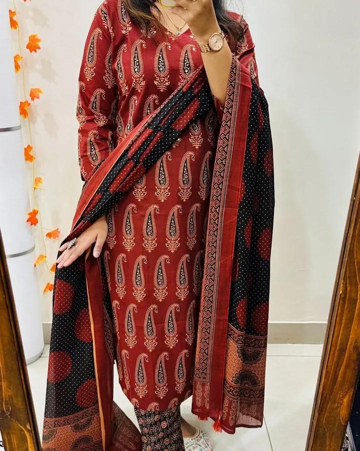 Women's Pure Cotton Printed Red Kurta With Pant And Dupatta
