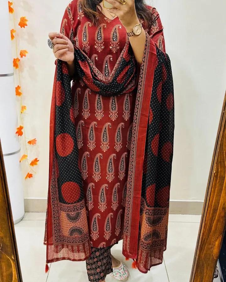 Women's Pure Cotton Printed Red Kurta With Pant And Dupatta