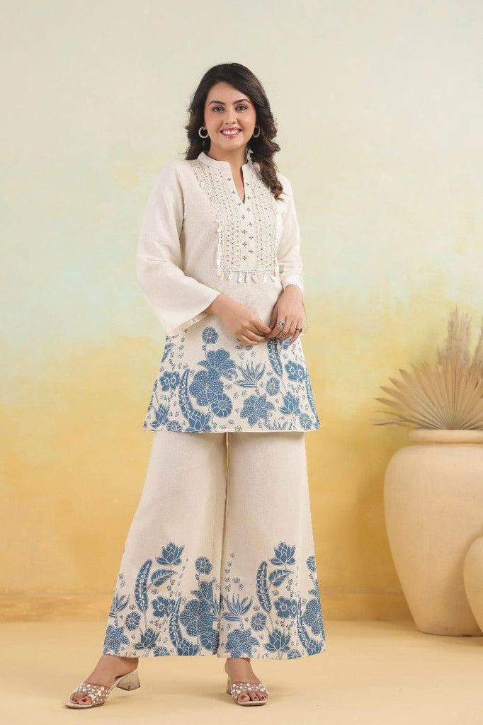 Women's Floral Embroidered White Round Neck Cotton Co-Ord Set
