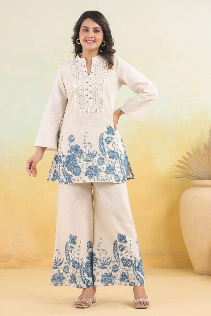 Women's Floral Embroidered White Round Neck Cotton Co-Ord Set
