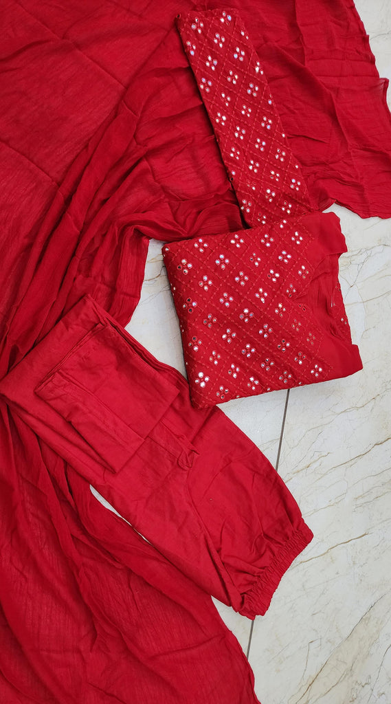 Women's Elegant Red Mirror-Work Kurta Set with Dupatta