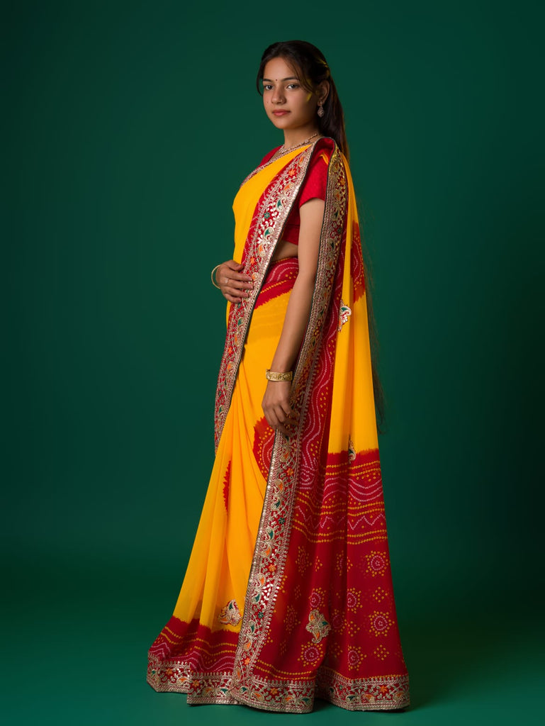 Women's Georgette Gotapatti Work Chunri Pomcha Saree